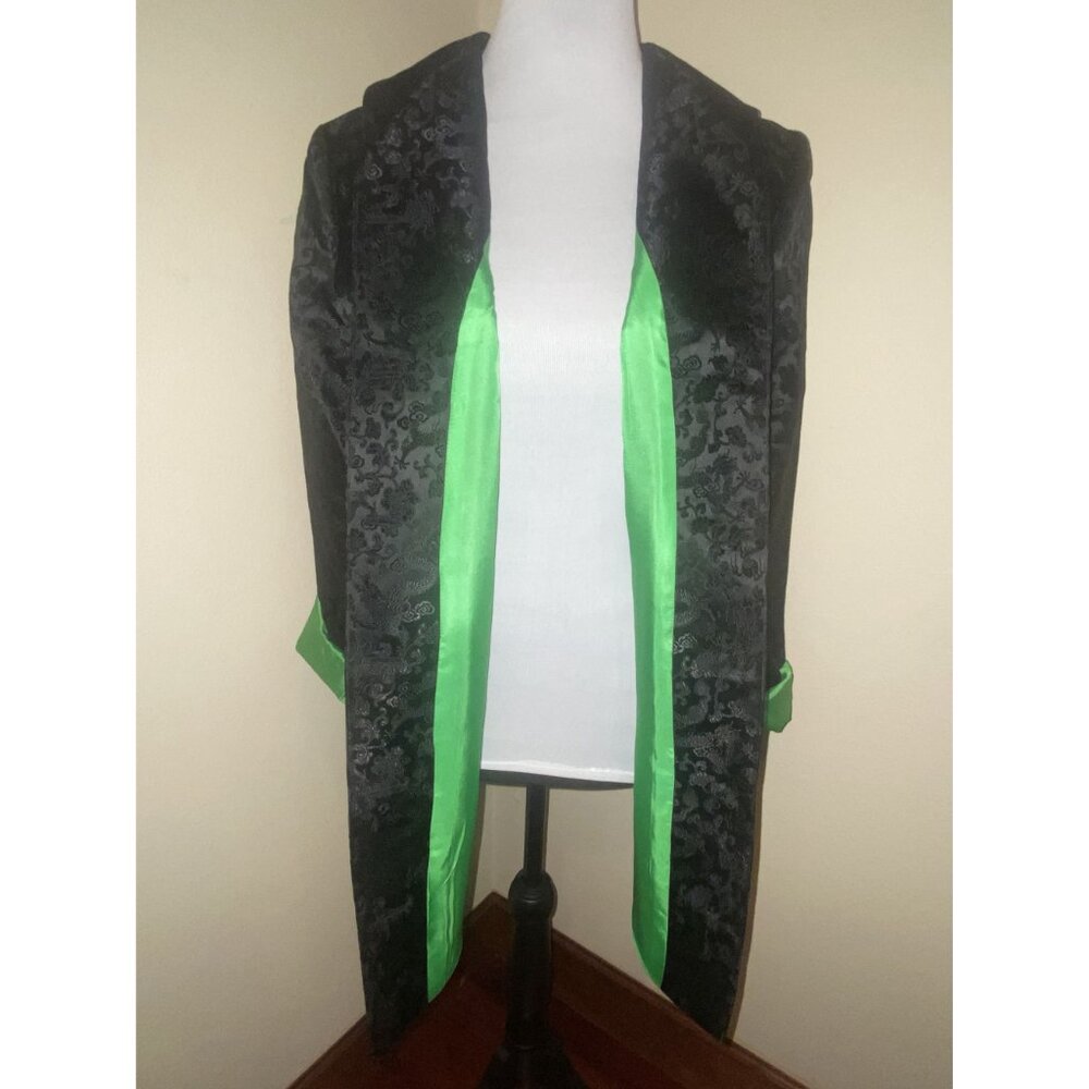 Vintage Black Brocade Long Sleeve Coat Jacket With Satin Green Lining Medium